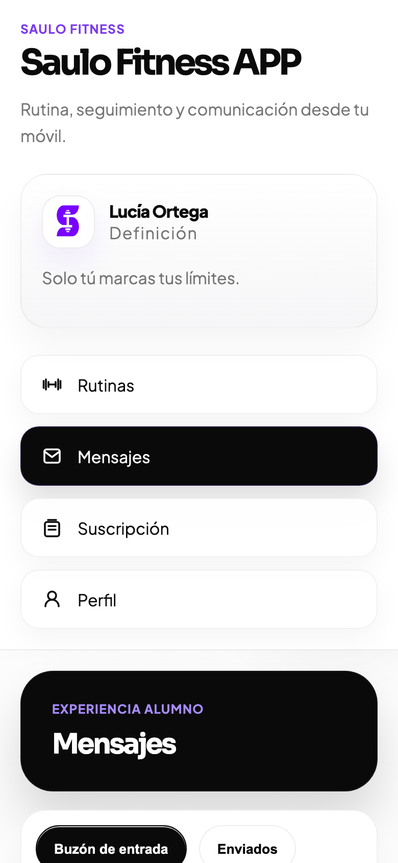 Pantalla de mensajes de Saulo Fitness APP