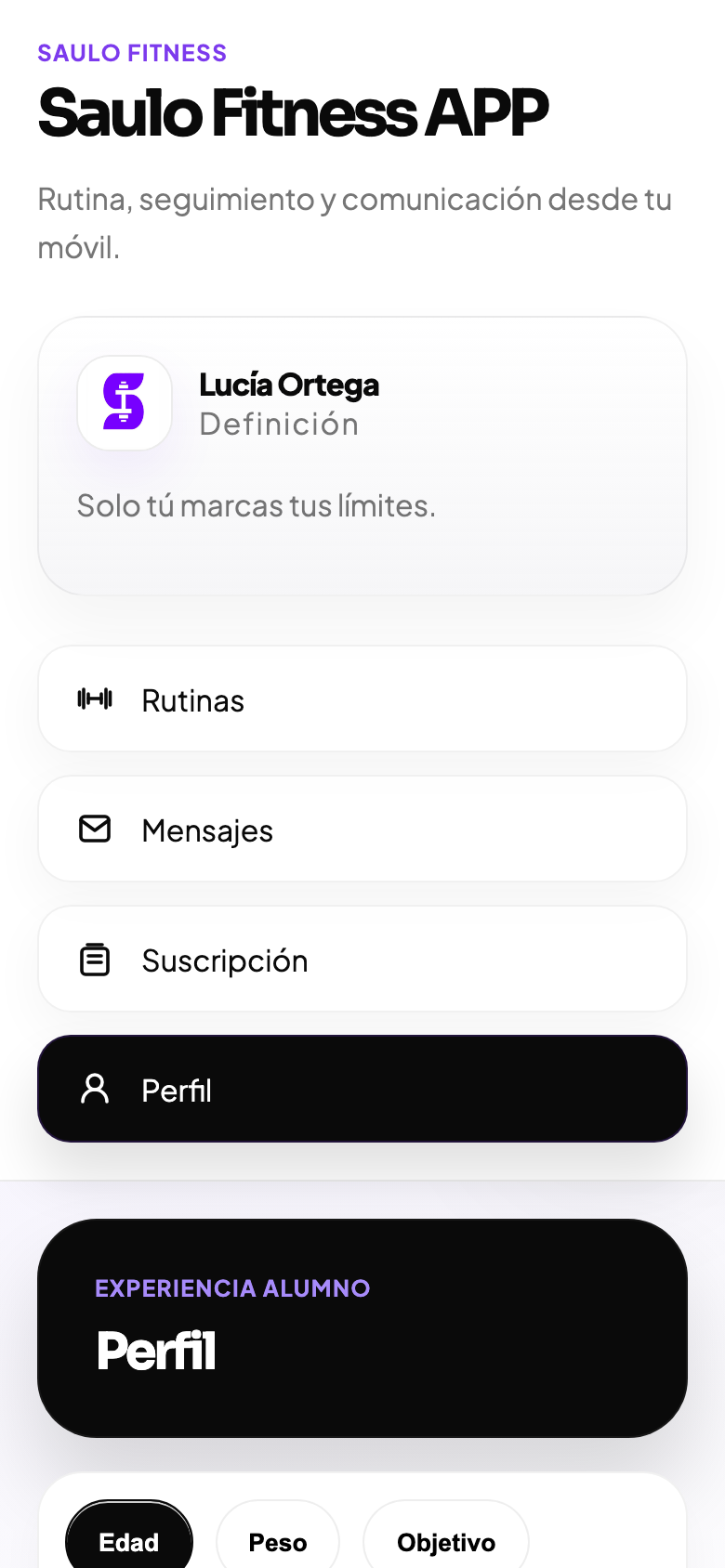 Pantalla de perfil de Saulo Fitness APP