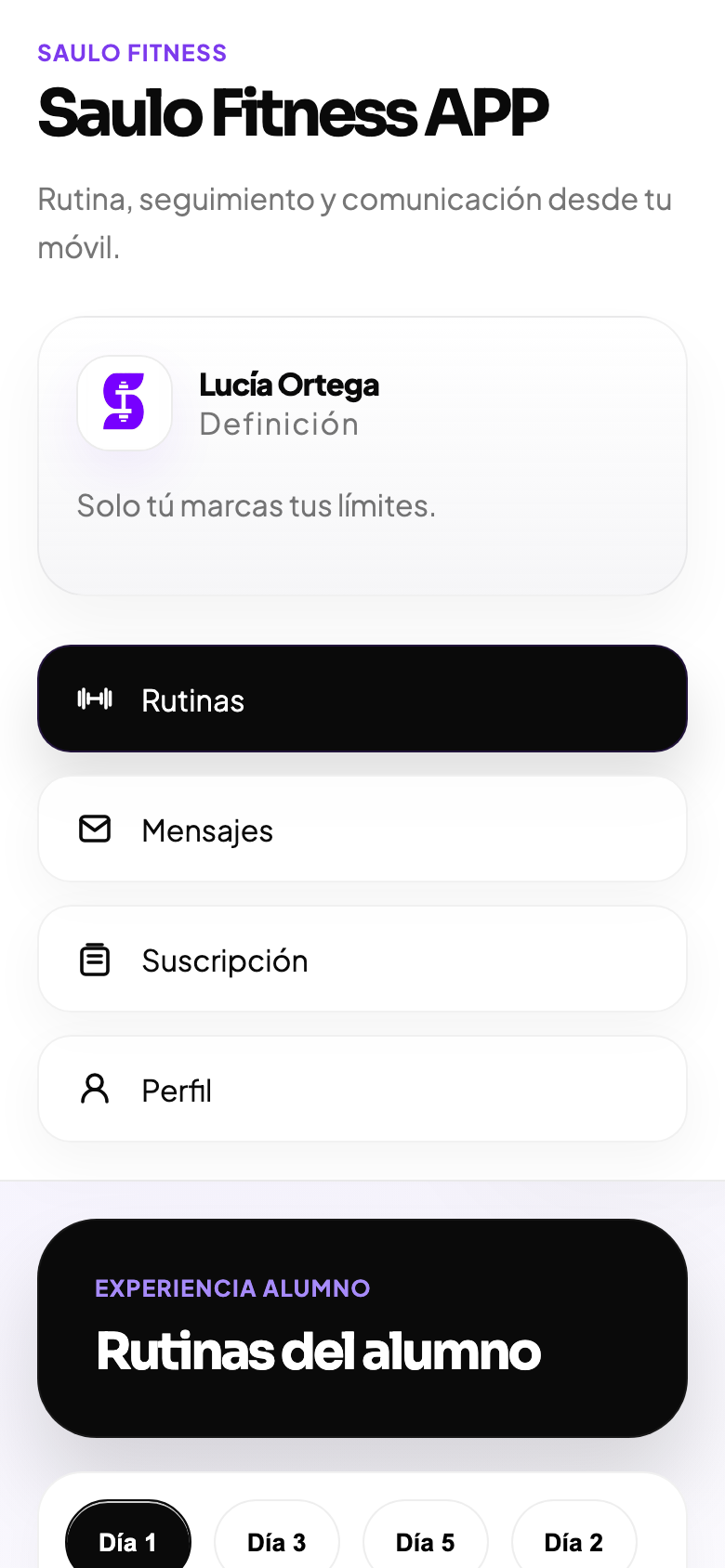 Captura real de Saulo Fitness APP mostrando rutinas del alumno